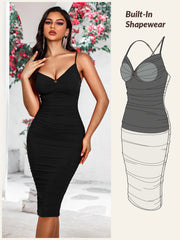 bodycon midi spaghetti straps v-neck ruched shapewear dress