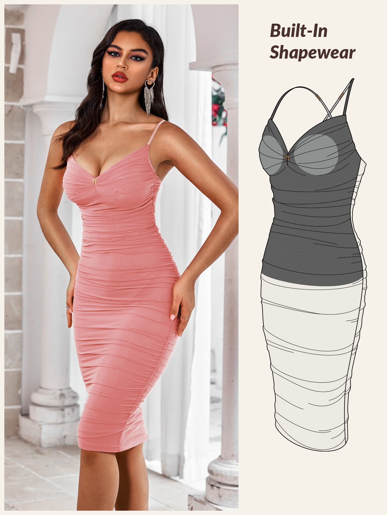 bodycon midi spaghetti straps v-neck ruched shapewear dress