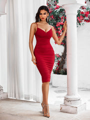 bodycon midi spaghetti straps v-neck ruched shapewear dress