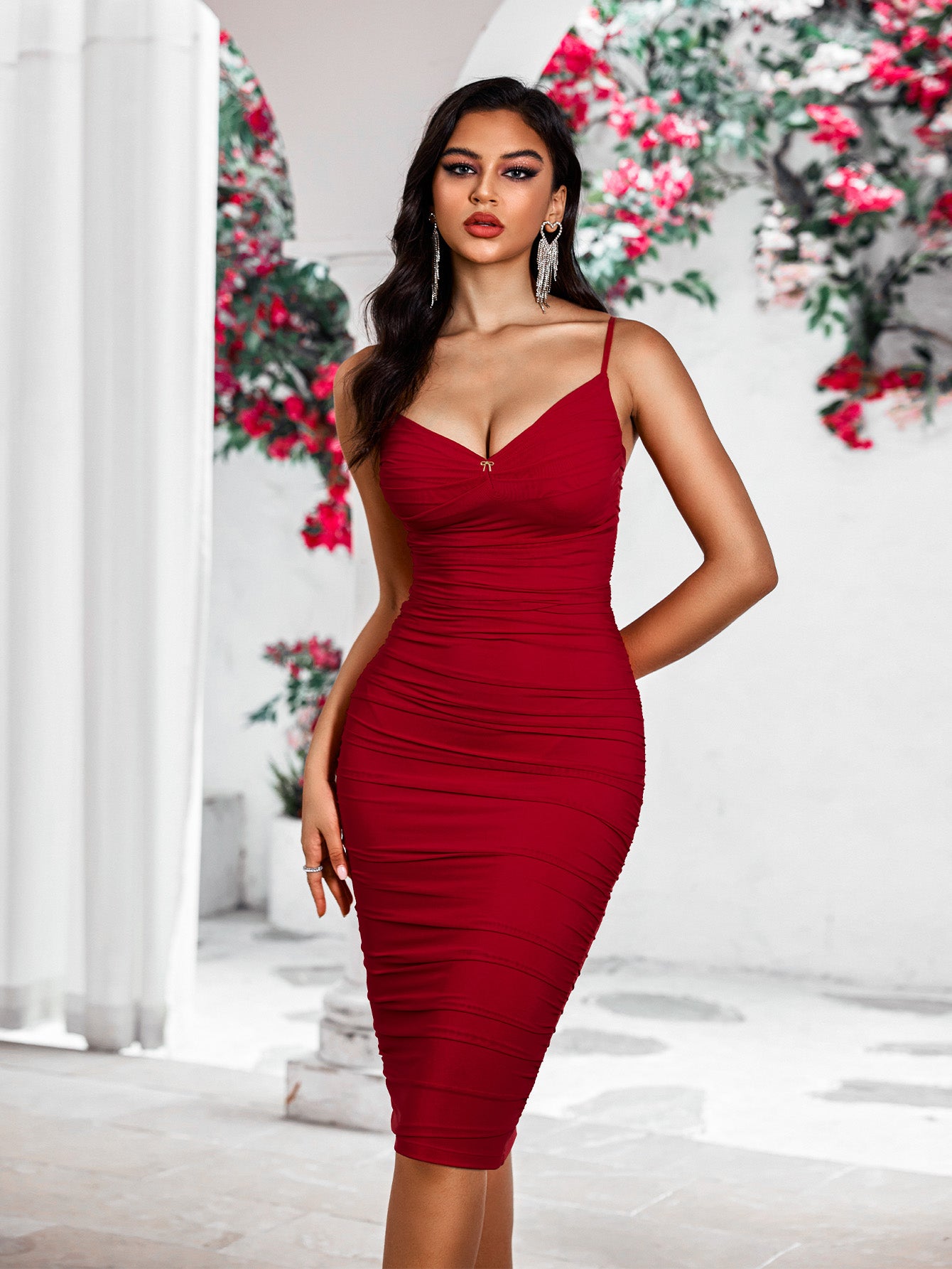 bodycon midi spaghetti straps v-neck ruched shapewear dress