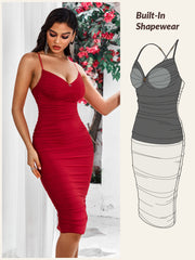 bodycon midi spaghetti straps v-neck ruched shapewear dress