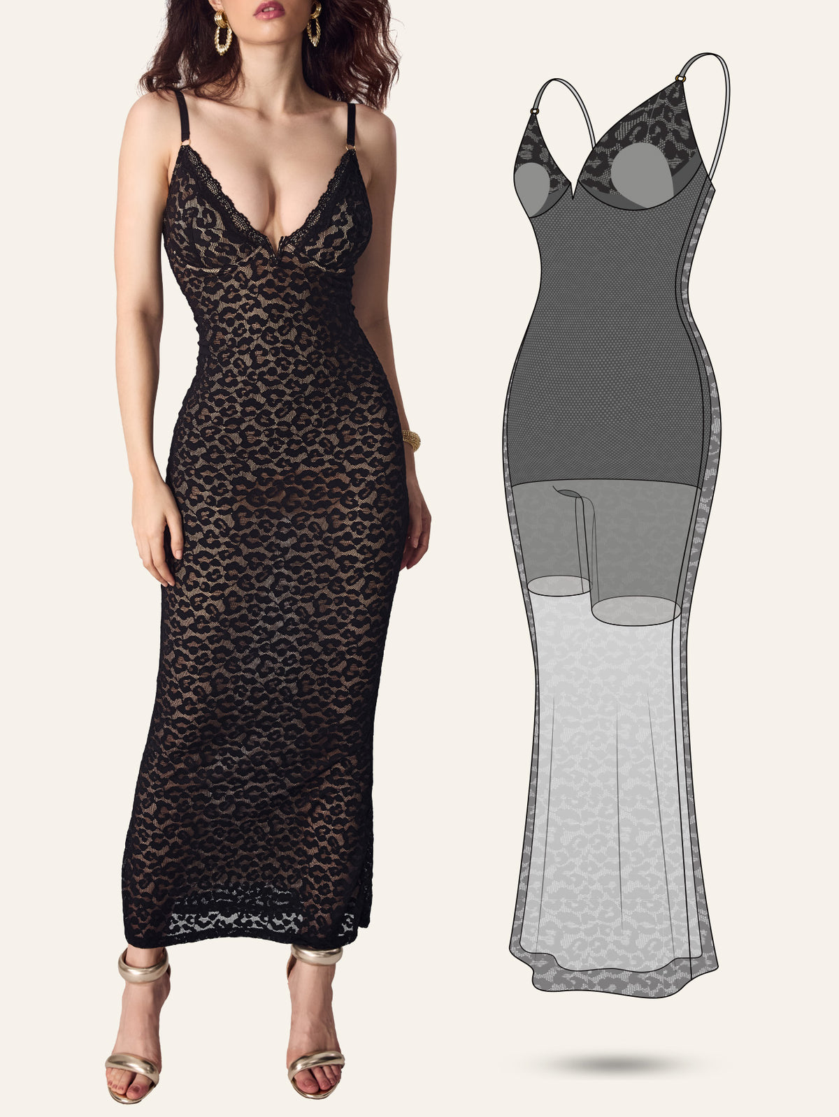 sexy lace maxi leopard shapewear dress